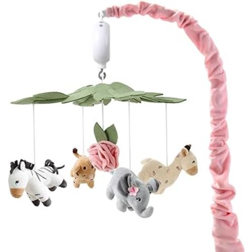 The Peanutshell Crib Mobile for Girls, Musical Baby Mobiles, Safari Nursery Decor, Elephant, Giraffe, Zebra, Flower Hanging Crib Toys