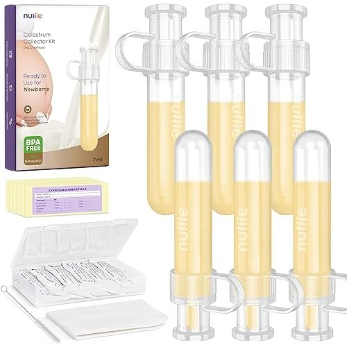 Nuliie Colostrum Collector Kit 7ml/6pcs, Leakproof, Reusable Breast Milk Collector, Heat & Freezer Resistant, BPA-Free, With Cotton Cloth Wipe, Storage Case, Cleaning Brush - Ready-to-Use for Newborns