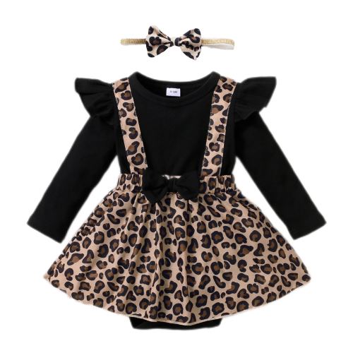 NZRVAWS Baby Girls Dress Leopard Print Ruffle Sleeve Long Sleeve Bow Romper Dress 1PCS Sun Dress 0-3 Months,Black
