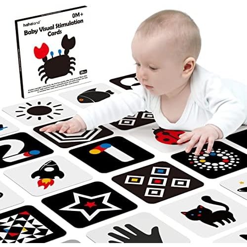 hahaland High Contrast Baby Flashcards - Black and White Infant Baby Cards 0-6 Months Tummy Time 0-3-6 Months Montessori Sensory Cards 20 PCs 6''×6'' Newborn Brain Visual Stimulation
