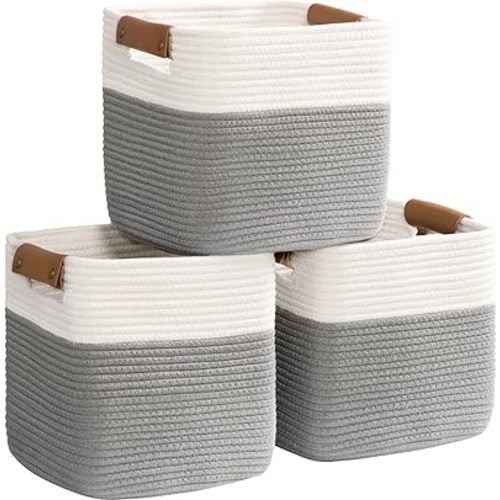 danpinera 3 Pack 11"x11" Woven Basket for Organizing, Square Storage Baskets for Pillows, Towels, Toy, Clothes, Magazines, Decorative Storage Cubes for Bedroom, Living Room, Classroom, Grey