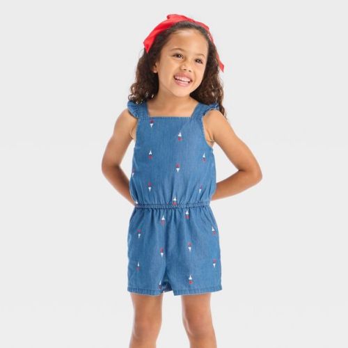 Toddler Girls' Americana Ice Cream Embroidered Denim Romper - Cat & Jack™ Medium Wash 18M
