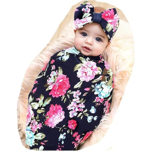 Galabloomer Receiving Blanket Headband Set Flower Print Baby Swaddle Receiving Blankets… (Navy Blue Rose)
