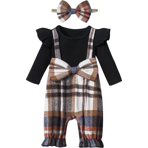 Queenstyle Newborn Baby Girl Clothes Romper Long Sleeve Ruffle Jumpsuit Cute Infant Girl Fall Winter Outfits for 0-18 Months