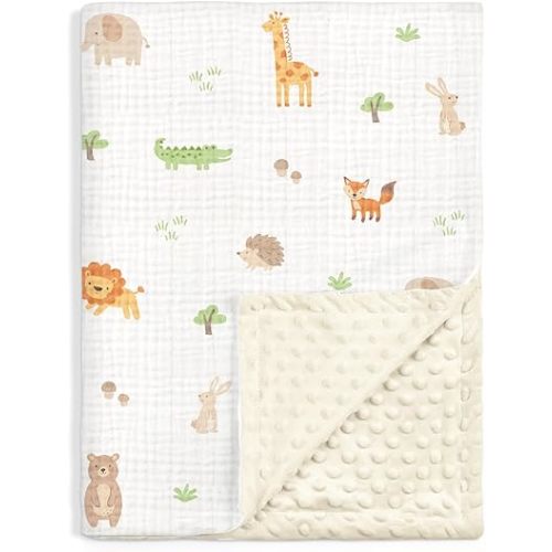 Animal Baby Blankets for Boys Girls, Soft Nursery Minky Blankets with Muslin and Dotted Fleece Back 30x40 inches, Receiving Bed Quilt for Newborn, Infants, Toddlers
