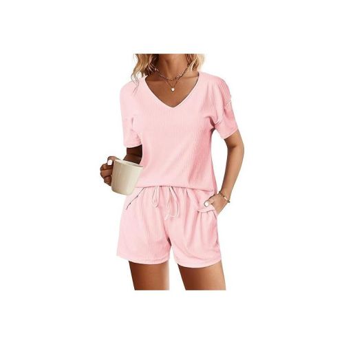 Ekouaer Womens 2 Piece Lounge Sets Summer Two Piece Outfits Ribbed Knit V Neck Short Sleeve Tee and Pockets Shorts Sets Pink XL