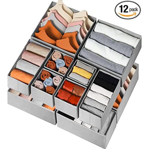 Criusia Drawer Organizer for Clothing, 12 Pack Sock Underwear Drawer Organizer Bins, Foldable Fabric Closet Organizers and Storage, Dresser Drawer Dividers for Baby Clothes, Bra, Scarves, Belt, Tie - Grey