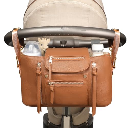 miss fong Universal Stroller Organizer with Insulated Cup Holder Stroller Caddy Baby Storage Bag with Adjustable Strap, Fits for Baby Carriage like Uppababy, Baby Jogger, Britax, Umbrella-Brown