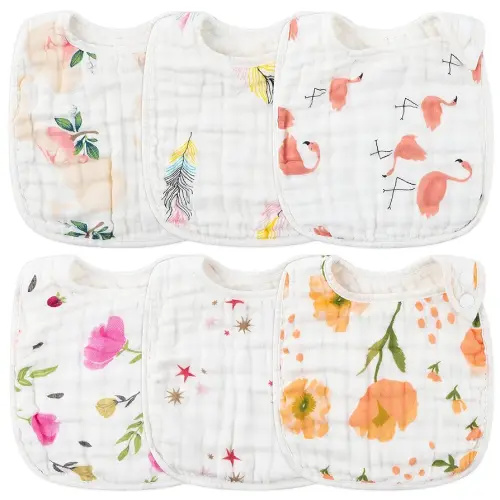 Zainpe 6Pcs Snap Muslin Cotton Bibs for Baby, Flamingo Star Flower Machine Washable Adjustable Burp Cloths with 6 Absorbent Soft Layers for Infant Newborn Toddler Drooling Feeding and Teething