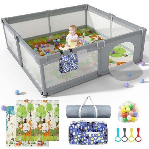 LUTIKAING 79"x71" Baby Playpen with Mat, Safe Playpen, Play Pen for Babies and Toddlers, Large Play Yard, Zipper Gate, Anti-Slip Suckers, Ideal Baby Gate Playpen for Toddlers 1-3 - Grey - 79" x 71" with XPE Mat