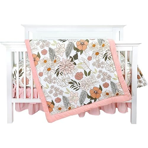 4-Piece Crib Bedding Set for Girls, Pink Baby Girl Bedding Set with Crib Skirt, Baby Quilt, Crib Sheet and Diaper Stacker, Daisy Flower