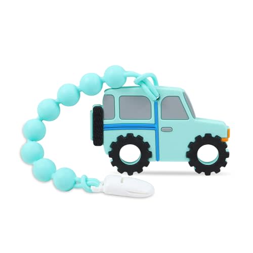 Baby Teething Toys,Food Grade Silicone Teether with One-Piece Pacifier Clip Holder,Shower Gift,Highly Effective Pain Relief for 3 Months+ Boy and Girl,BPA Free,Freezer Safe. (Blue Car)