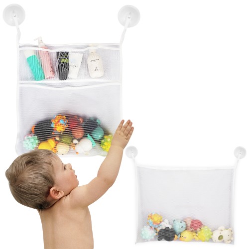 Toplive 2 x Mesh Bath Toy Organizer, Bath Toy Storage for Baby Bath Toys, Hanging Bath Toy Holder With 6 Ultra Strong Suction Hooks for Bathtub Toys, Bath Toys & More-White