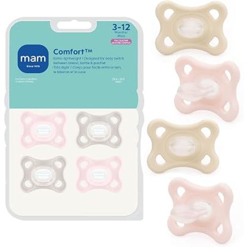 MAM Comfort Baby Pacifier 3-12 Mths Lightweight One-Piece Silicone 4 Pack