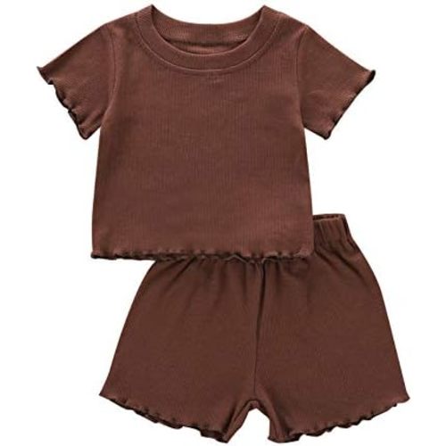 Toddler Baby Girl Summer Clothes Ribbed Knit Cotton Cute Summer Outfits Short Sleeves 2 Pieces Shorts Set 12M - 5T