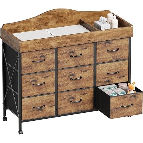 Baby Changing Table with 9 Fabric Drawers, Waterproof Diaper Changing Station & Pad, Mobile Nursery Diaper Changing Table, Baby Furniture, Bedroom, Rustic Brown