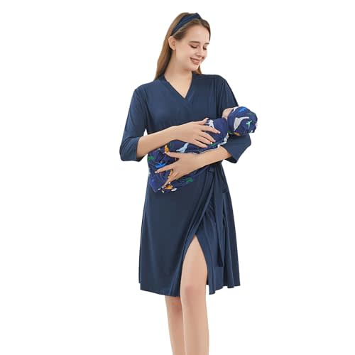 Galabloomer Maternity Robe and Baby Receiving Blanket, Matching Mommy Labor Delivery Robe and Swaddle Set Navy blue