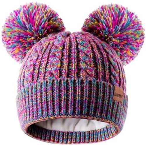 HAITHO Winter Hat for Kids Toddler Children, Girls Beanie with Double Pom Pom Warm Fleece Lined, Girls Accessories Knit Cap