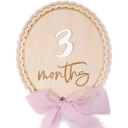 Baby Monthly Milestone, Wooden Baby Milestone Signs, Monthly Milestone Wood Discs, Baby Milestone Discs, Baby Photo Props Cards Interchangeable Number Set of 12 for Baby Growth Recording (Ribbon)