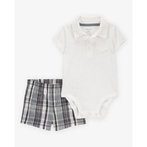 Baby Boy 2-Piece Polo Bodysuit & Plaid Short Set - Ivory/Grey - Carter's | Carter's