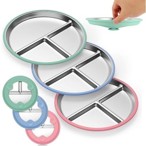 Stainless Steel Kids Plates with Suction, 3-Pack Non-Slip Toddler Plates, Divided Portion, Food-Grade Silicone Plate for Baby, Dishwasher Safe