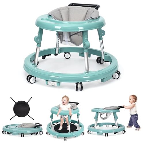 Baby Walker Foldable with 9 Adjustable Heights, Baby Walker with Wheels Portable, Infant Toddler Walker for Baby Boy Girls 6-18 Months (Pink)