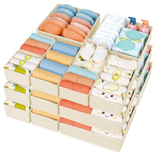 DIMJ Drawer Organizer Clothes 18 Pack - Foldable Baby Organizers and Storage & Dresser Organizer for Bedroom, Closet - Nursery Organization Dresser Dividers for underwear, Sock,Bra, Belt, Tie, Beige