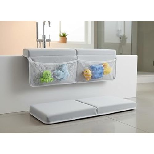 NEW Luxury Bath Kneeling Pad and Elbow Rest Set - THICK SOFT Bath Kneeler Pad and Bath Toys Organizer with Pockets - Supports Knees and Elbows - Bath Kneeling Pad for Baby Bathtime - Light Grey
