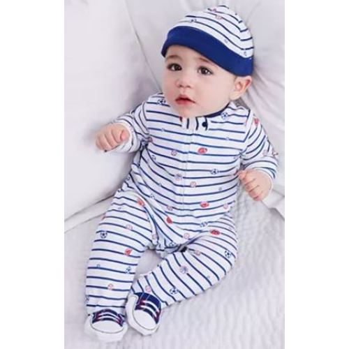 Little Me Sports Star 2-Way-Zip Footed One-Piece and Hat
