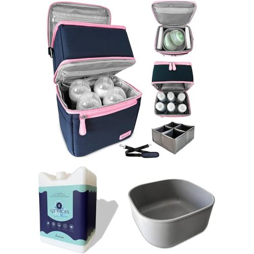 COOL Bundle Insulated Breast Milk Dual Layer Cooler Bag (Navy/Light Pink), Set of 4 ICE Slim Design Reusable Ice Packs, & BPA Free Dishwasher Safe PumpPartment Box Pumping Moms Bottles Daycare