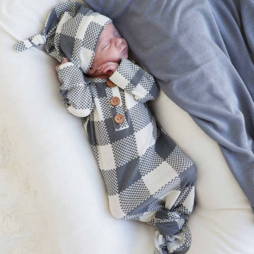 Big Check Waffle Bamboo Newborn Baby Knot Gown & Hat Set in Denim | Caden Lane