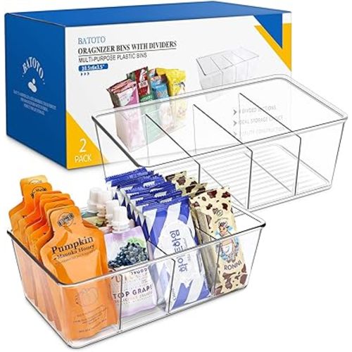 Pantry Organization and Storage Bins, Refrigerator Organizer Bins – Clear, Kitchen Organization and Storage with Dividers (2 pack)