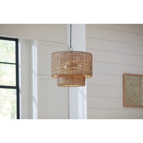 allen + roth Adara 3-Light Natural Traditional Drum Medium Hanging Pendant Light KHV4993A at Lowes.com