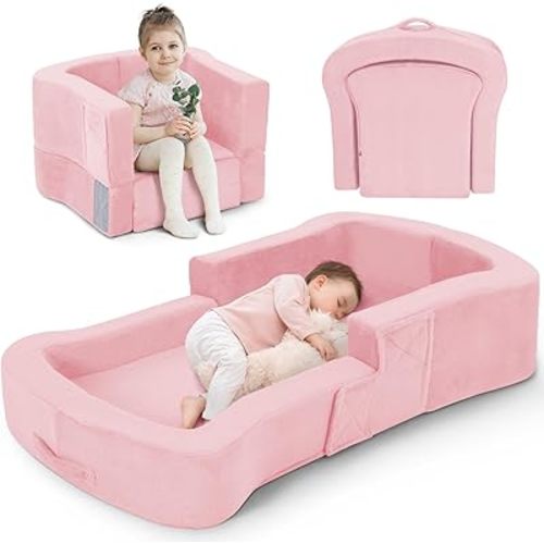 Toddler Travel Bed, 2-in-1 Foldable Portable Toddler Bed Sofa Chair, Soft Baby Kids Travel Floor Cot with Washable Covers Safety Foam Raised Bumper for Camping Hotel Sleeping (Pink)