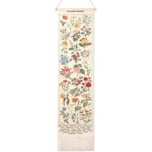 Geetery Vintage Floral Vertical Tapestry Wall Hanging Long Narrow Wall Fabric Flower Hanging Reference Illustrative Botanical Tassel Tapestry for Home Decor Gift(White)