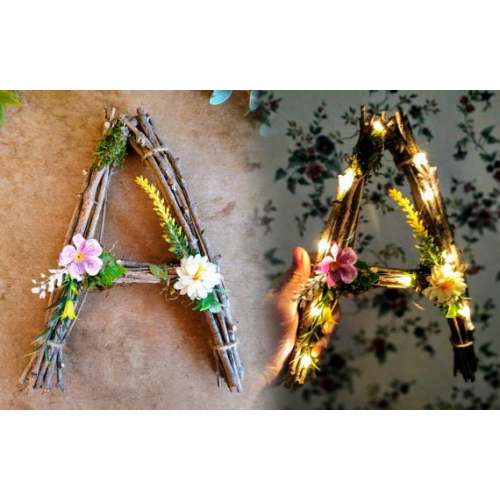 Twig letters nursery decor fairy lights whimsical woodland moss wall hanging In L I L Y