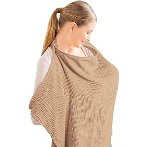 Konssy Muslin Nursing Cover for Baby Breastfeeding, Breathable 100% Cotton Breastfeeding Cover with Rigid Hoop for Mother Nursing Apron Multi-use Carseat Canopy (Sand)