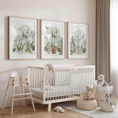 Woodland Nursery Canvas Prints: Mountain Animal Art, Set of 3