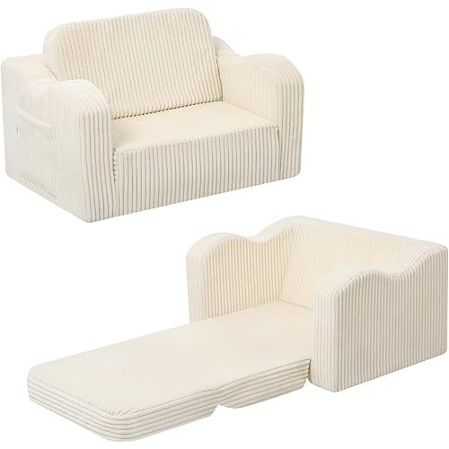 MeMoreCool Toddler Chair 2‑in‑1 Foldable Kids Couch Bed, Beige (Ages 1‑3) – Corduroy Lounge Chair That Pulls Out into Sofa‑Bed | High‑Density Foam, Machine‑Washable Cover for Little Ones
