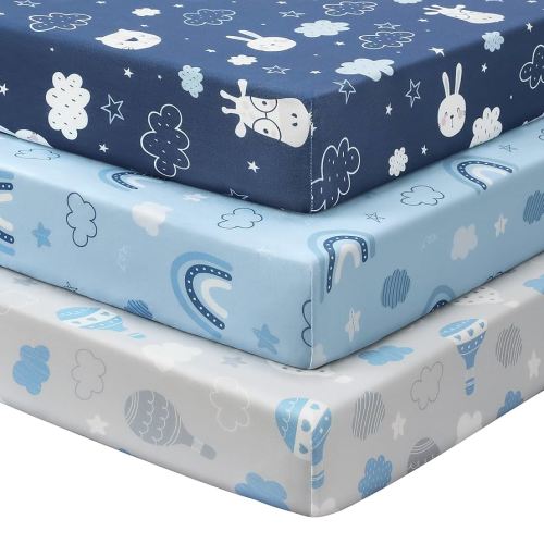 Baby Crib Sheets for Boys and Girls, 3 Pack Toddler Bed Sheets for 52”x28” Standard Toddler Mattresses, Soft Microfiber Fitted Crib Sheets Neutral Blue Cloud Animals