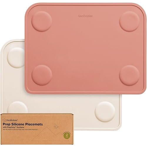 KeaBabies 2-Pack Silicone Placemats for Toddlers - Non Slip Suction Baby Silicone Placemat for Kids, Eating/Feeding, Easy to Clean, Busy Travel Baby Mat for Dining Table, Food Grade/BPA-Free (Roseate)