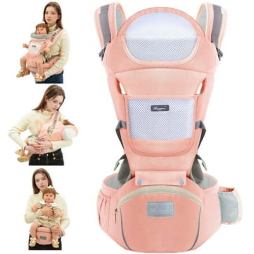 Baby Carrier,Derstuewe Baby Backpack Wrap for Infants Newborn with Hip Seat Lumbar Support , Adjustable Baby Holder Carrier for Dad &Mom-Soft Pink