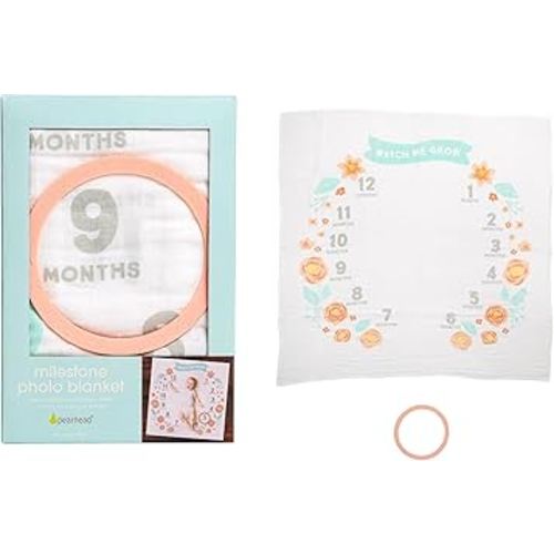 Pearhead Floral Baby Monthly Milestone Blanket, Newborn Photo Prop Blanket, Baby Girl Gift, Gift for New and Expecting Parents, Large, Peach and Teal Flowers