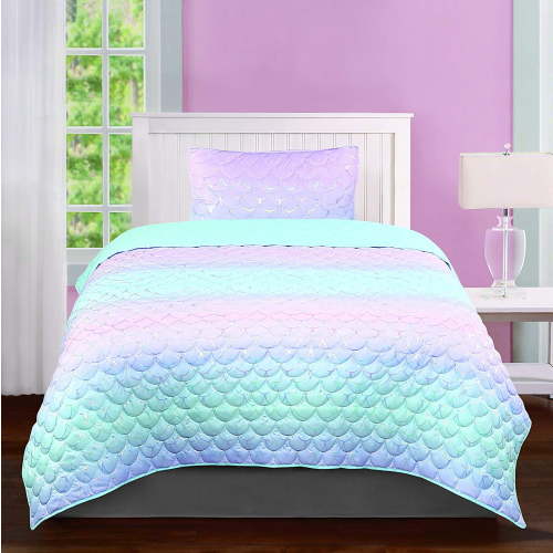 Tadpoles Girls Mermaid Pattern Quilt Set, with 1 Twin Size Quilt and 1 Standard Sham, Lightweight, Soft, and Durable, Iridescent Metallic,for Kids, 2-Piece Set - Twin