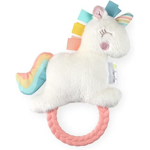 Itzy Ritzy - Ritzy Rattle Pal with Teether - Baby Teething Toy Features A Minky Plush Character, Gentle Rattle Sound & Soft Teether Toy for Newborn (Unicorn)