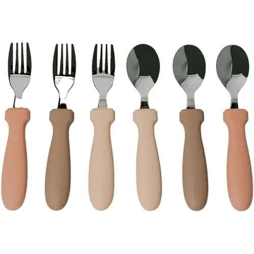 Toddler Utensils - Spoons and Forks Set - 6 Pack Feeding Cutlery – Apricot, Cream and Sand Colors – Stainless Steel with Silicone Handles – Food Grade Silicone – Dishwasher Safe
