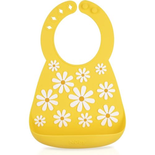 Nuby 3D Soft Silicone Baby Bib with Scoop - Silicone Bib for Toddlers and Babies 6+ Months - Yellow Daisy