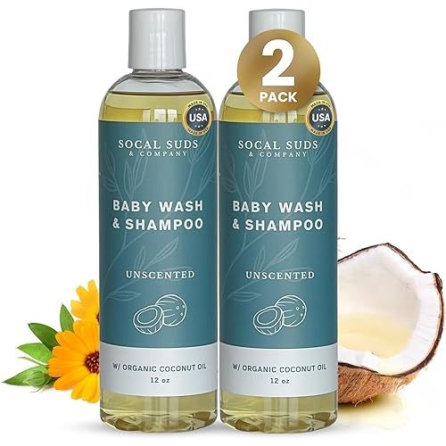 SoCal Suds & Company Baby Shampoo & Body Wash, 2-in-1 Organic Gel - Gentle Castile Soap with Vitamin-Infused Oils & Botanicals - Natural Care for Sensitive Skin Hypoallergenic - 12oz Unscented 2-Pack