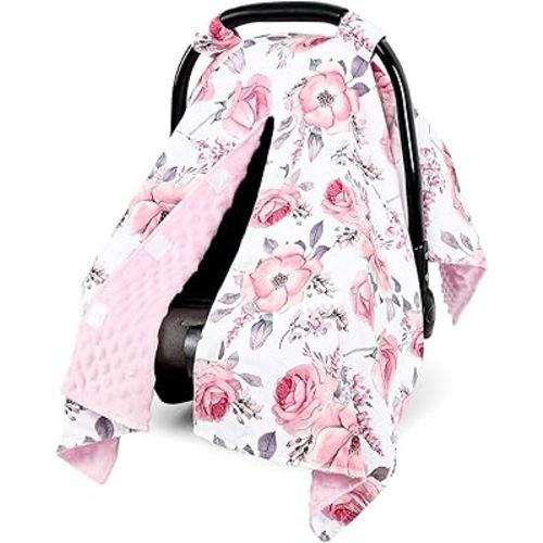 SWESEN Car Seat Cover Baby for Girls, Peekaboo Opening Carseat Covers Baby, Universal Car Seat Canopy Cover & Nursing Cover, 360° Full Coverage Sun & Wind Protector, Floral