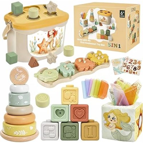 Montessori Toys for 6-12 Months, Mermaid Baby Toys for 6 Months+ with Montessori Sensory Baby Blocks Toy, Shape Sorter Developmental Toy for 1-3 Boys Girls Birthday Infant Toys